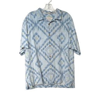 Tommy Bahama Blue And Yellow‎ Ikat Silk Button Up Size L F35